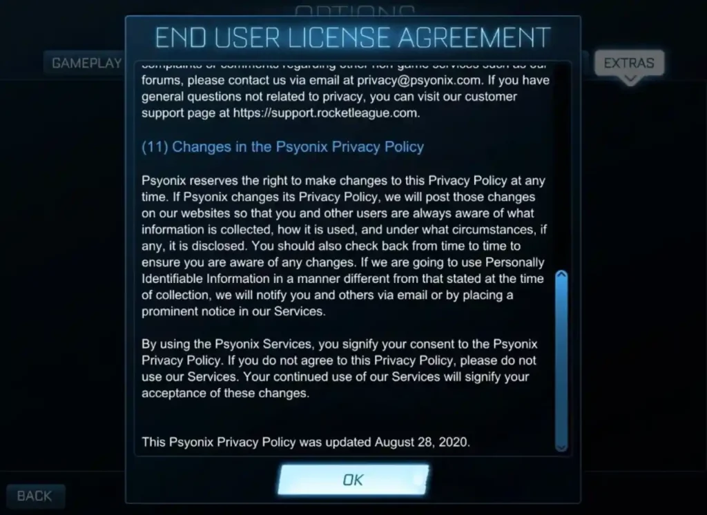 cómo aceptar el acuerdo de licencia en Rocket League