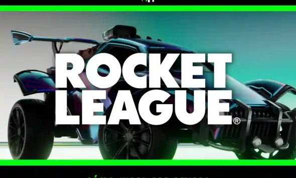 Dos coches en un estadio de Rocket League durante una partida multijugador online.